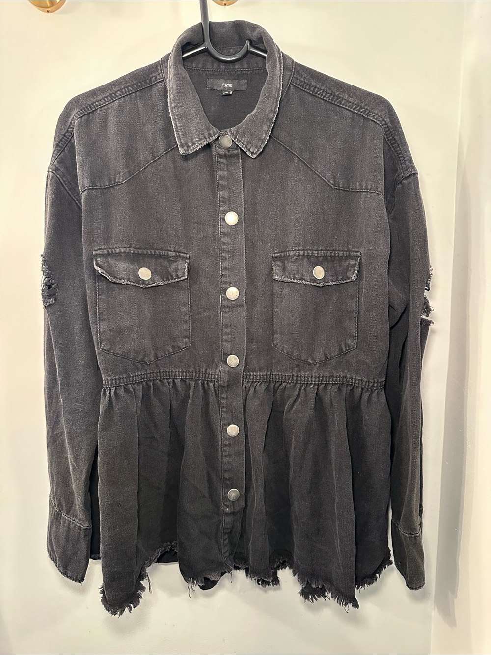 FATE Distressed Black Denim shacket jacket Peplum ruffle Hem Button Up small